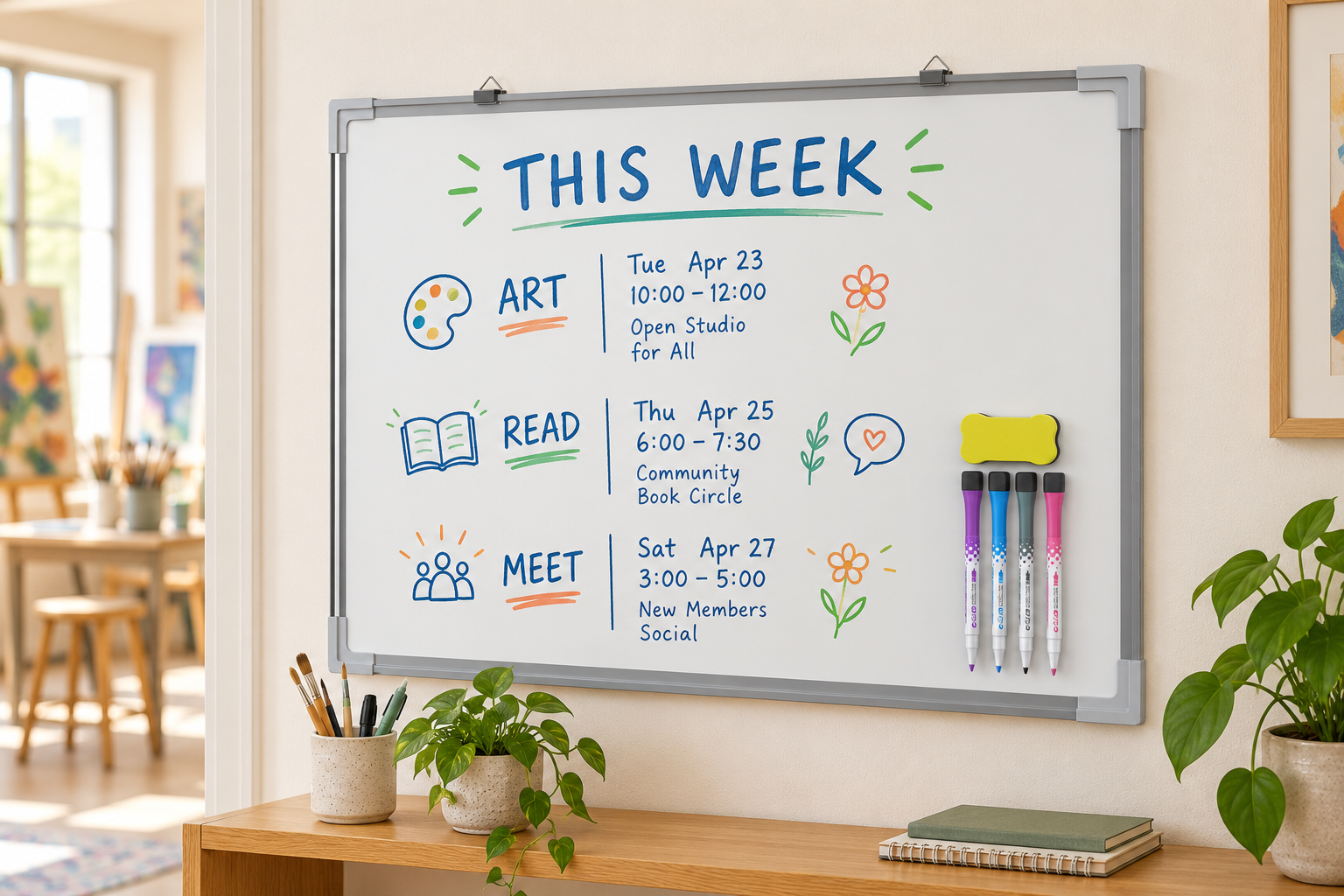 STUDIOS & SHARED SPACES: Display events, welcome notes and useful daily information.